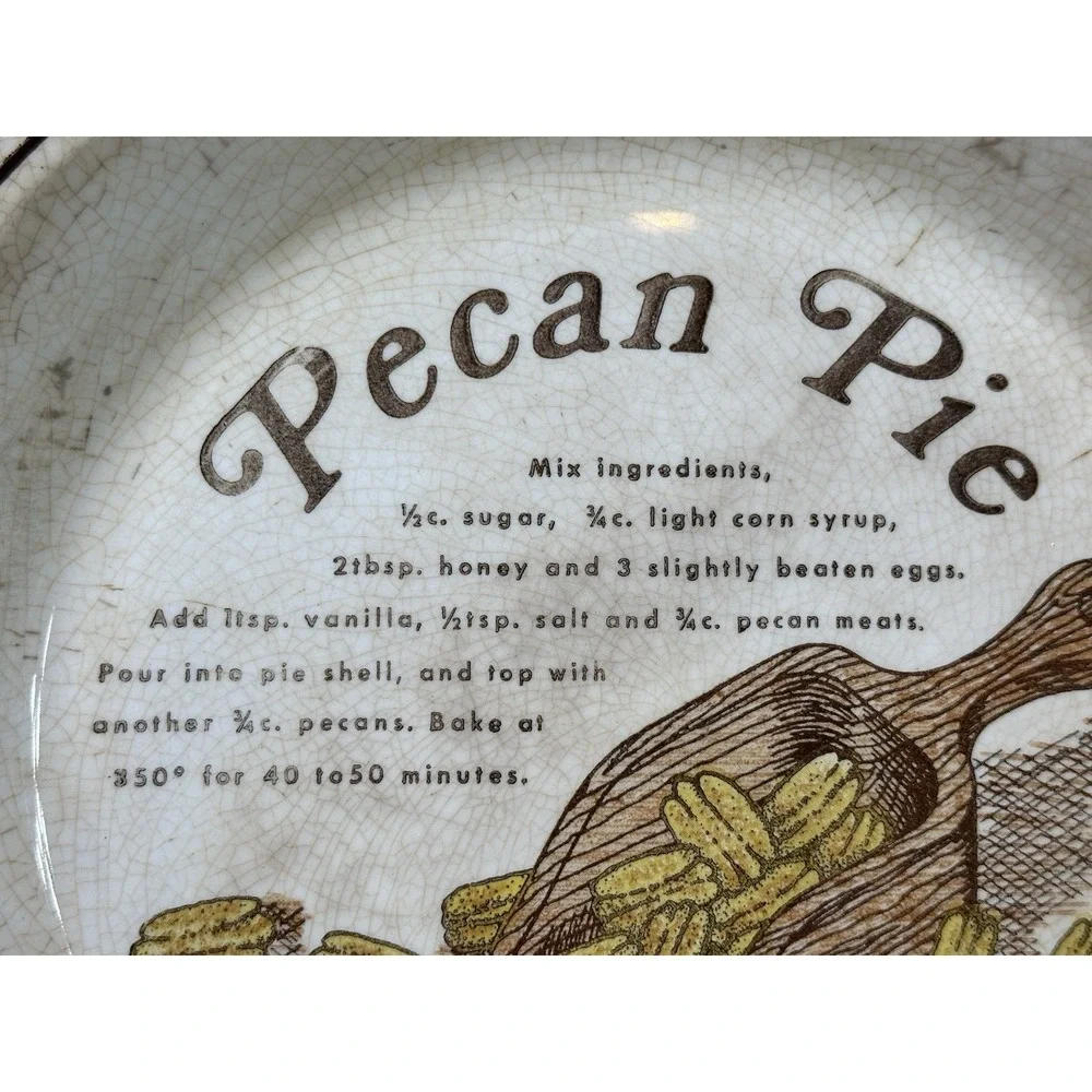 Vintage Ceramic Pecan Pie Dish Plate Recipe Brown White Grandmacore Cottagecore